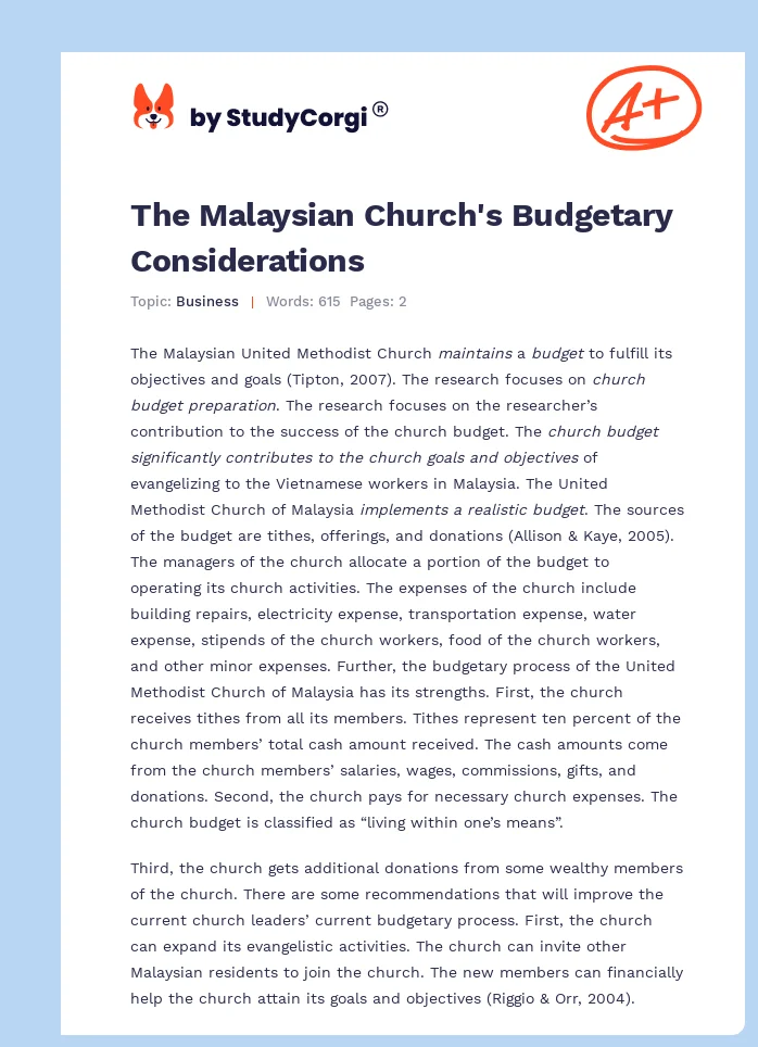 The Malaysian Church's Budgetary Considerations. Page 1