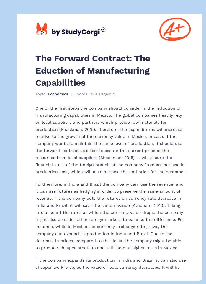 The Forward Contract: The Eduction of Manufacturing Capabilities. Page 1