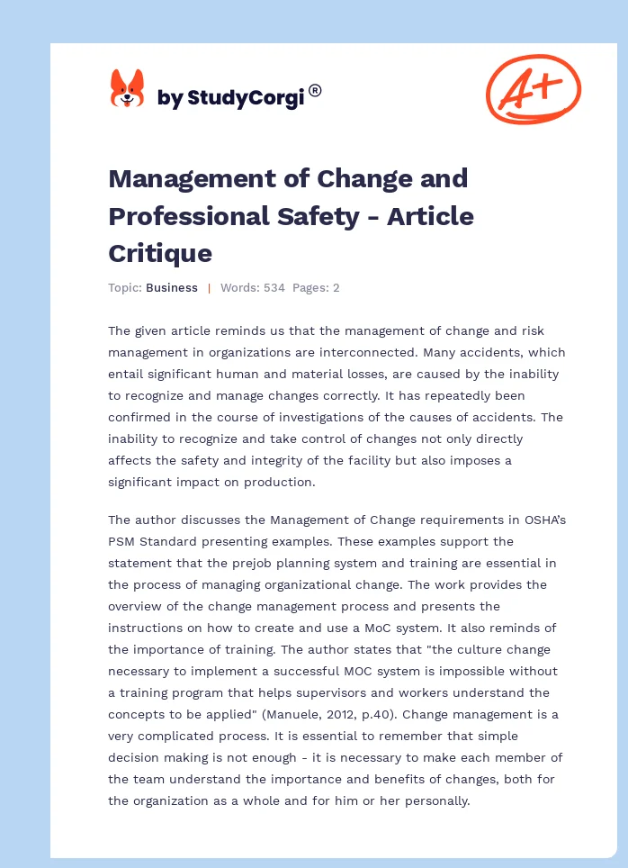 Management of Change and Professional Safety - Article Critique. Page 1