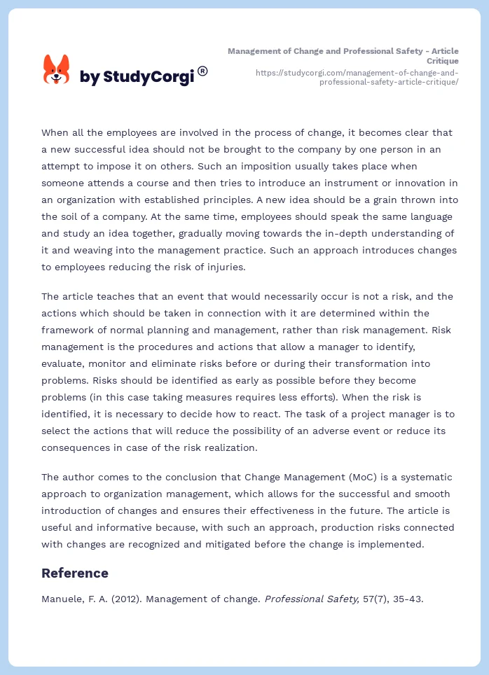 Management of Change and Professional Safety - Article Critique. Page 2