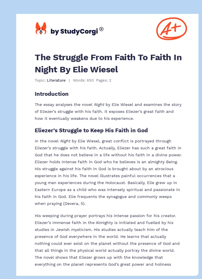 The Struggle From Faith To Faith In Night By Elie Wiesel. Page 1