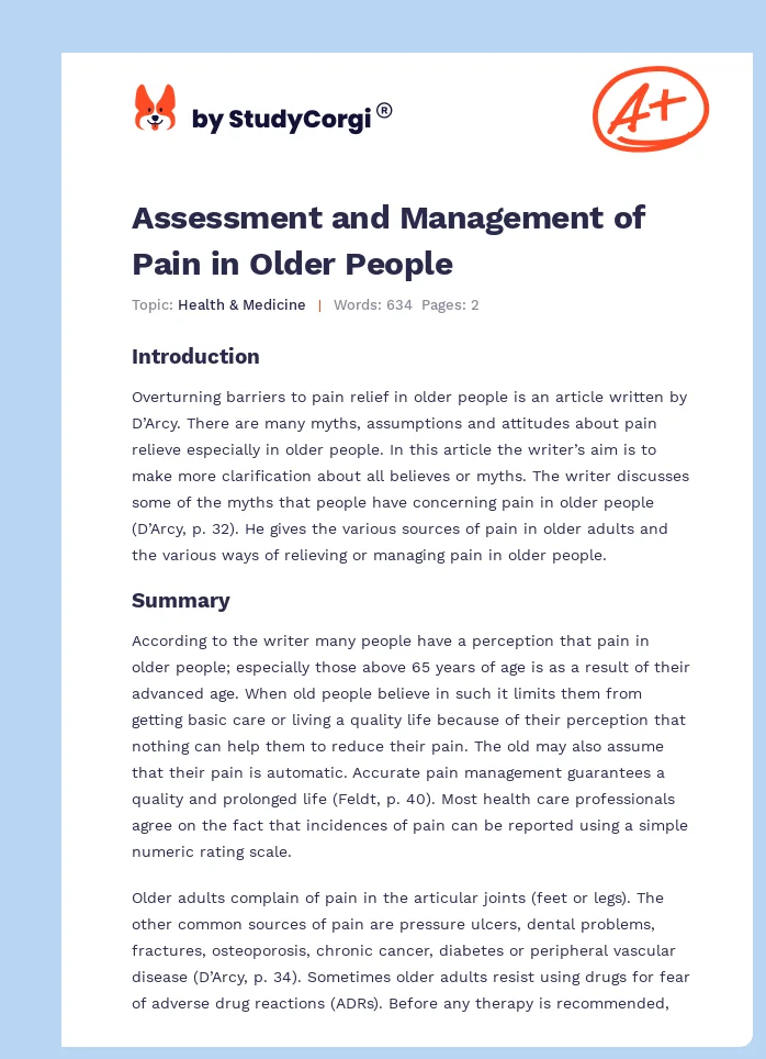 Assessment and Management of Pain in Older People. Page 1