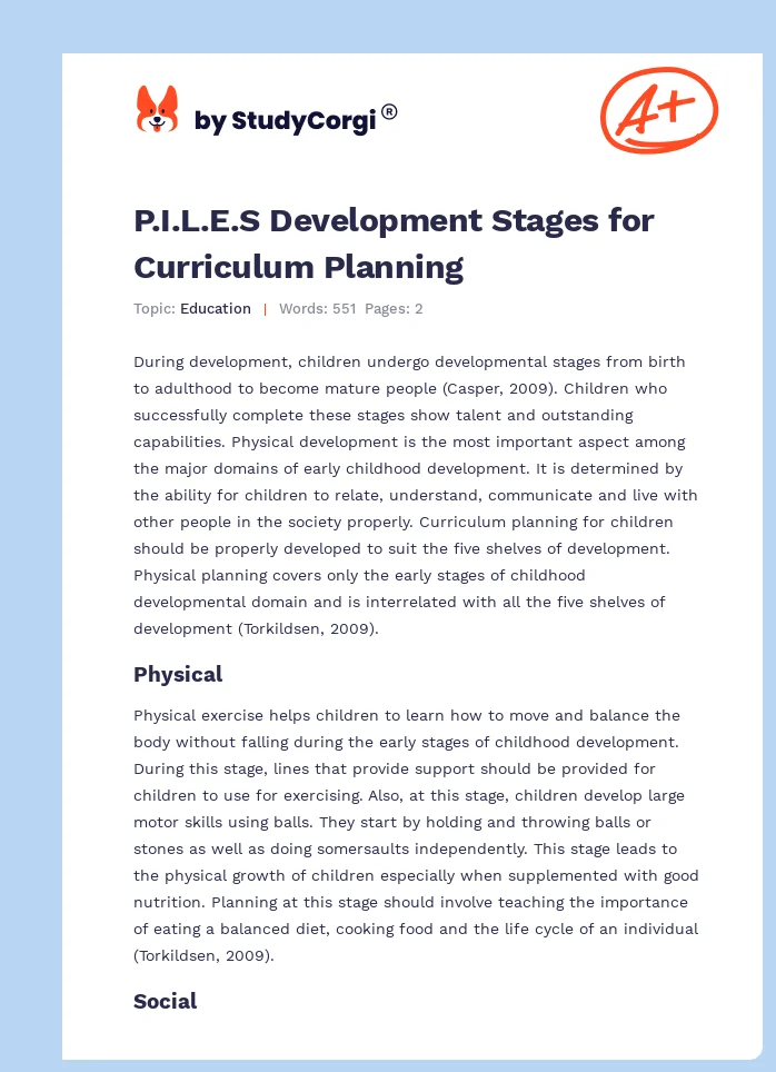 P.I.L.E.S Development Stages for Curriculum Planning. Page 1