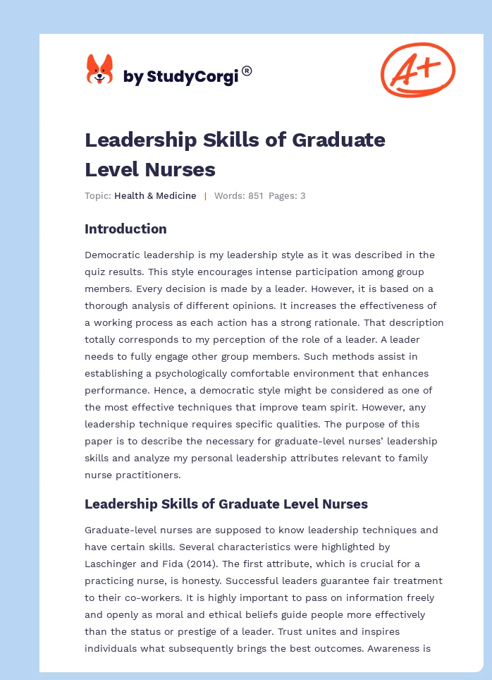 Leadership Skills of Graduate Level Nurses. Page 1