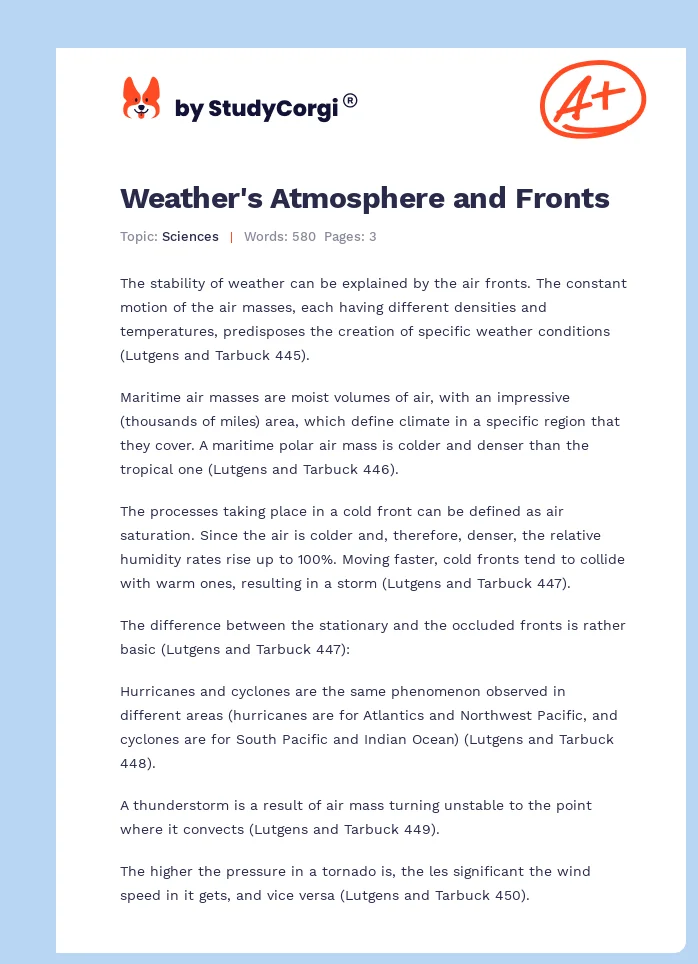 Weather's Atmosphere and Fronts. Page 1