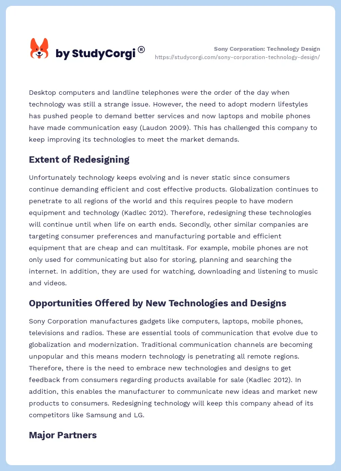 Sony Corporation: Technology Design. Page 2