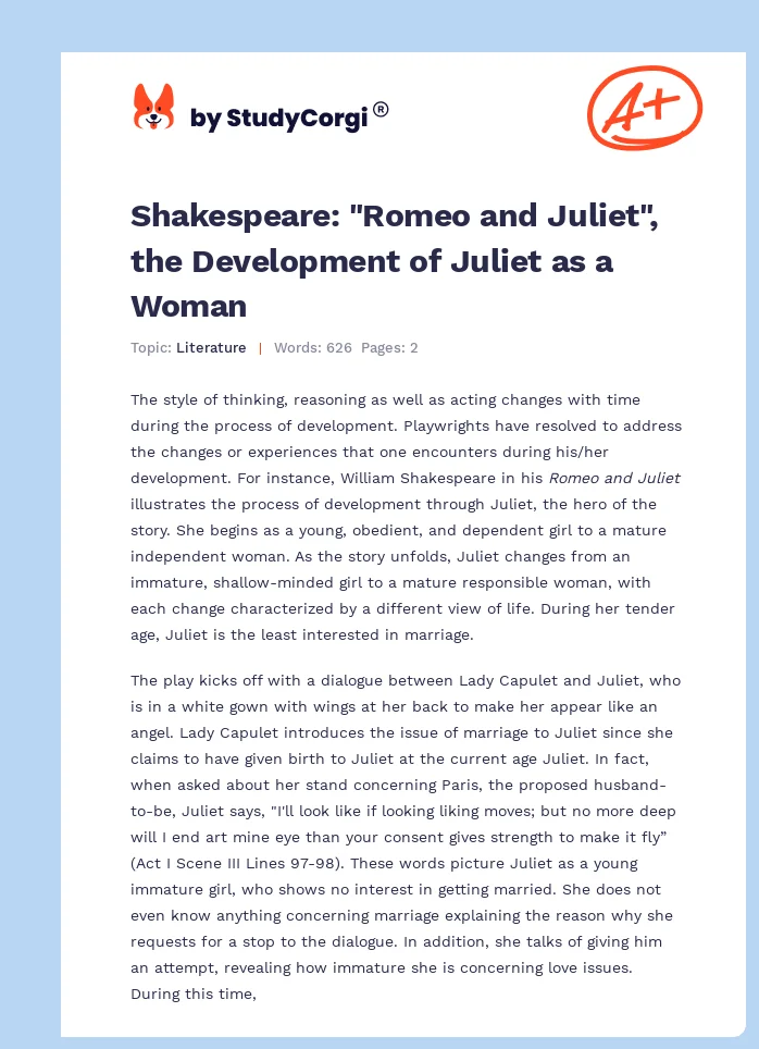Shakespeare: "Romeo and Juliet", the Development of Juliet as a Woman. Page 1