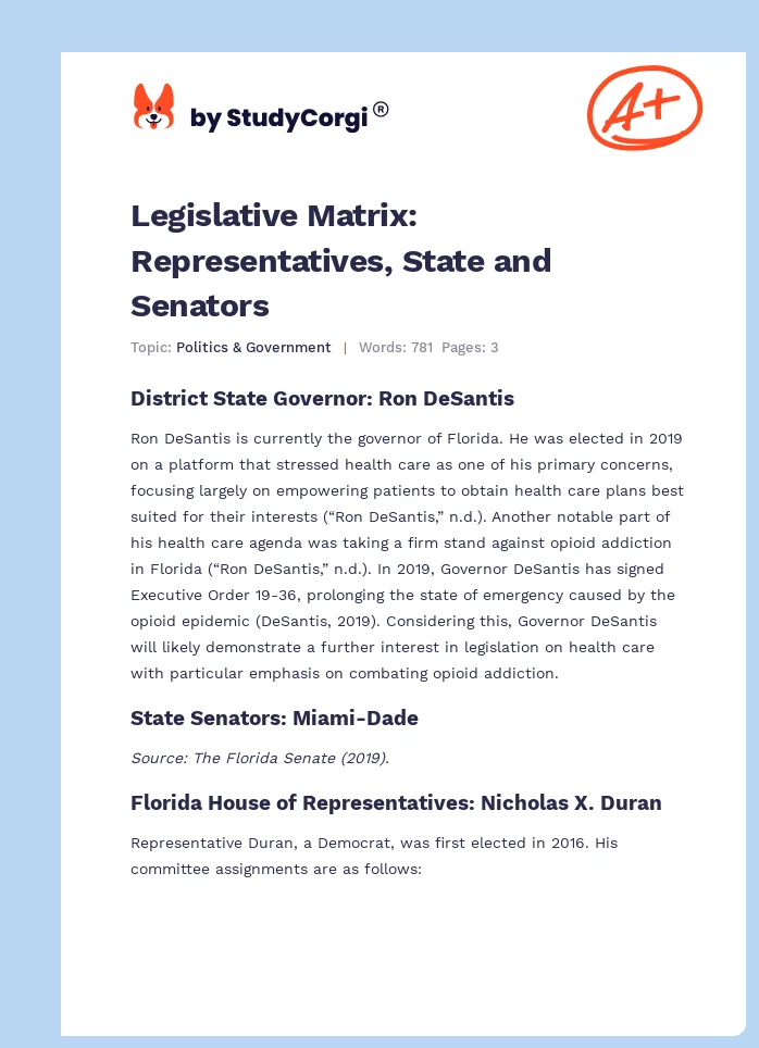 Legislative Matrix: Representatives, State and Senators. Page 1