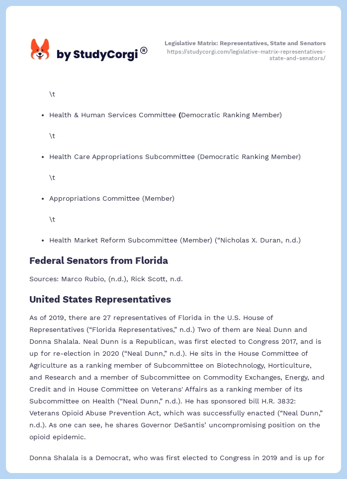Legislative Matrix: Representatives, State and Senators. Page 2