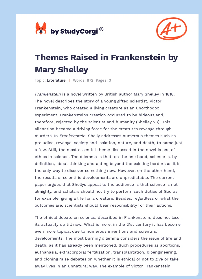 Themes Raised in Frankenstein by Mary Shelley. Page 1