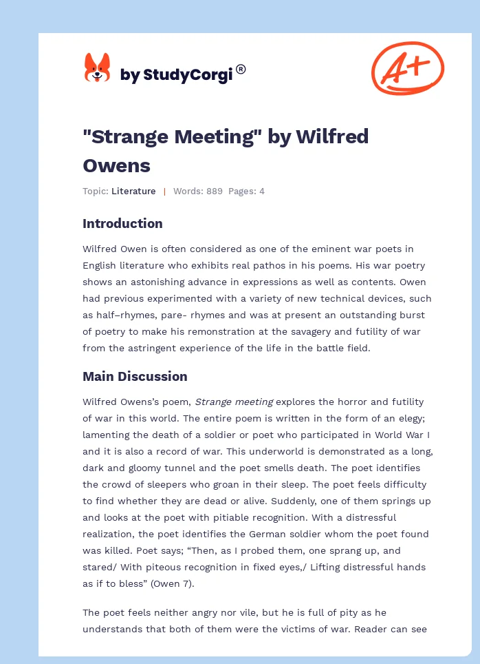 "Strange Meeting" by Wilfred Owens. Page 1