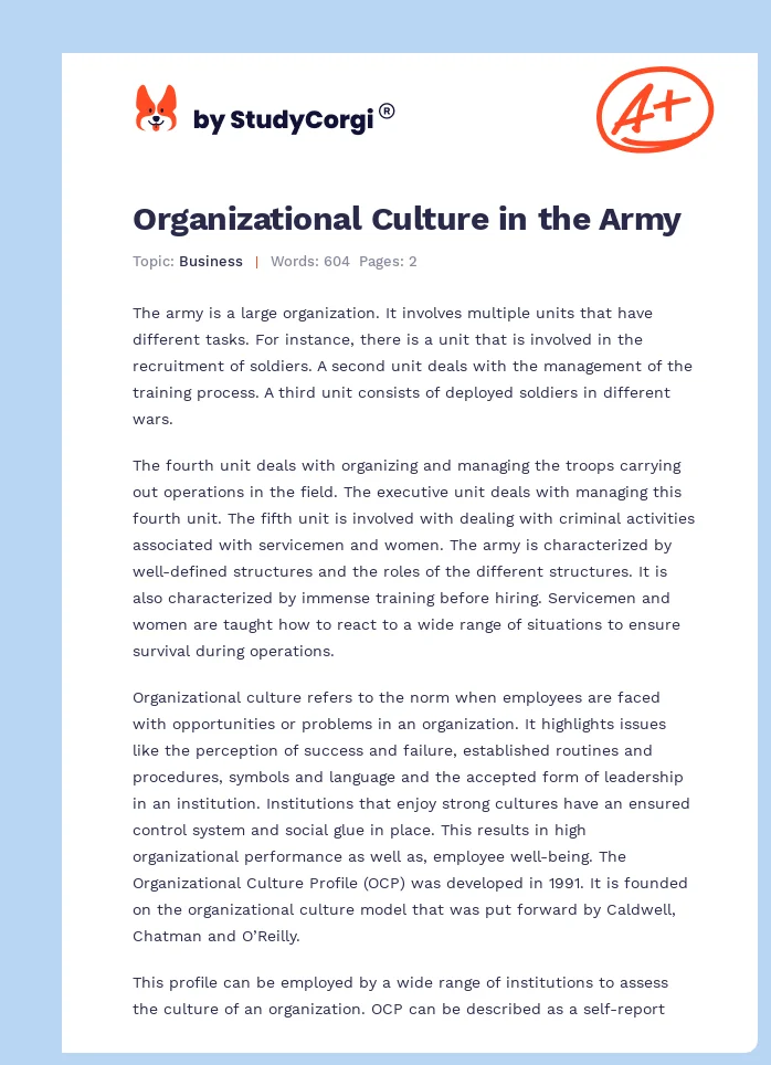 Organizational Culture in the Army. Page 1