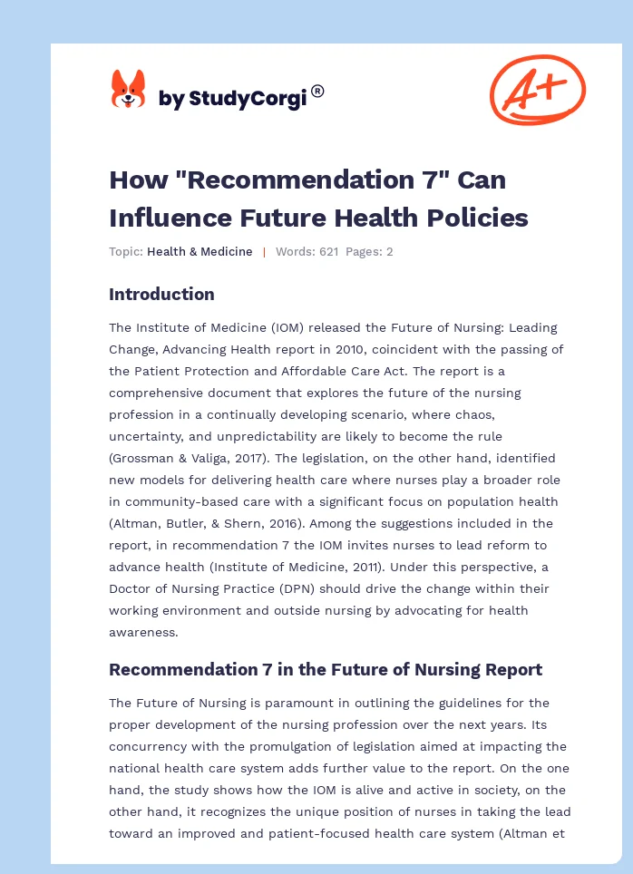 How "Recommendation 7" Can Influence Future Health Policies. Page 1