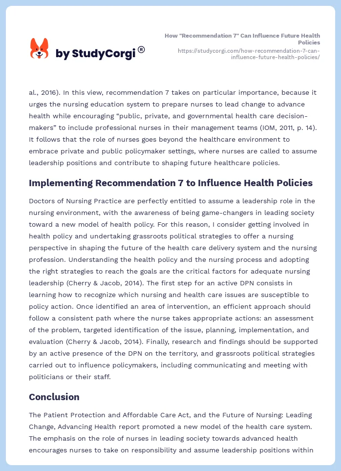 How "Recommendation 7" Can Influence Future Health Policies. Page 2