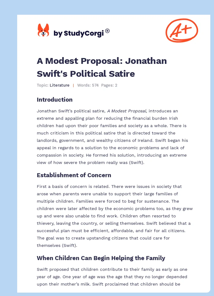 A Modest Proposal: Jonathan Swift's Political Satire. Page 1