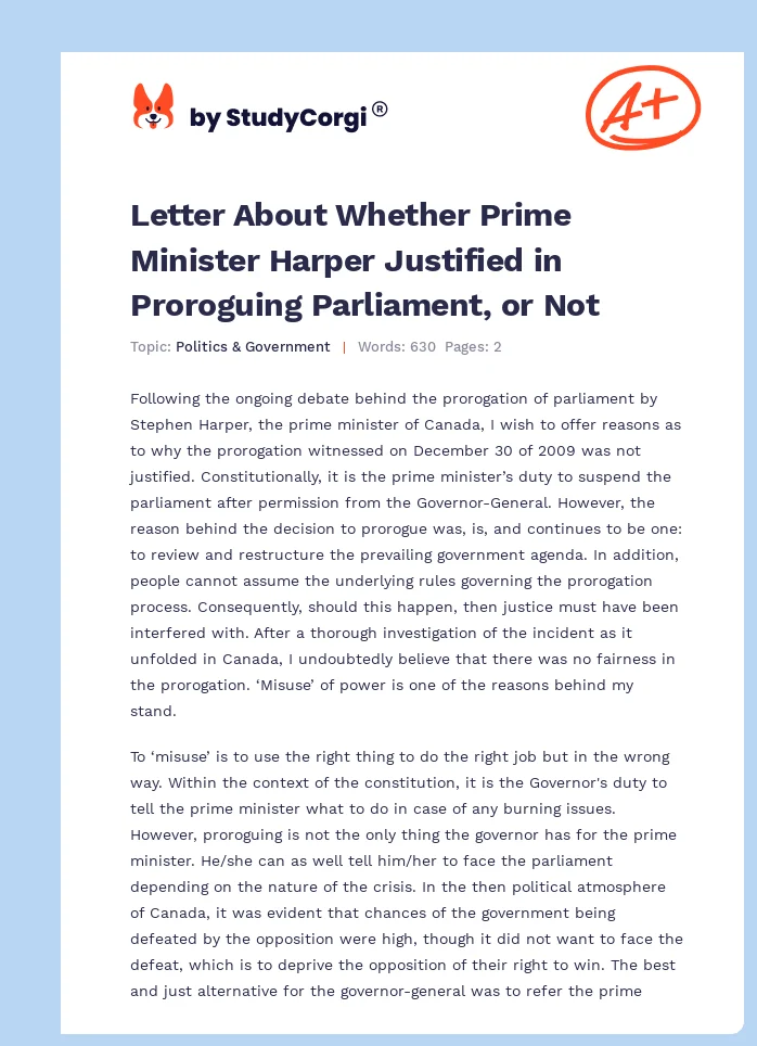 Letter About Whether Prime Minister Harper Justified in Proroguing Parliament, or Not. Page 1