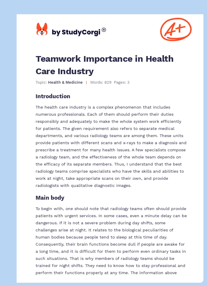 Teamwork Importance in Health Care Industry. Page 1