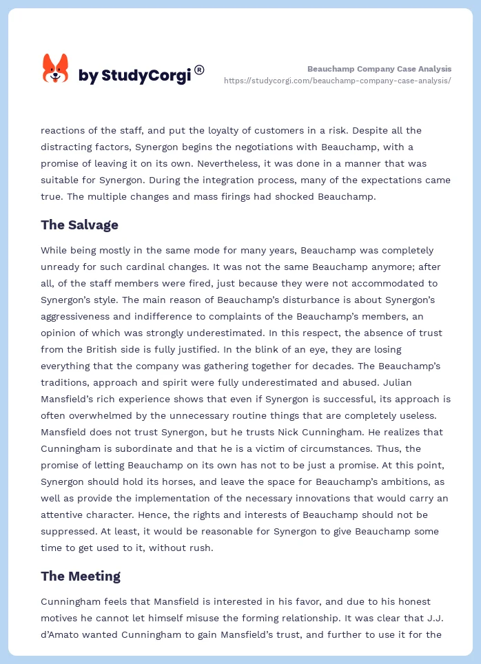 Beauchamp Company Case Analysis. Page 2