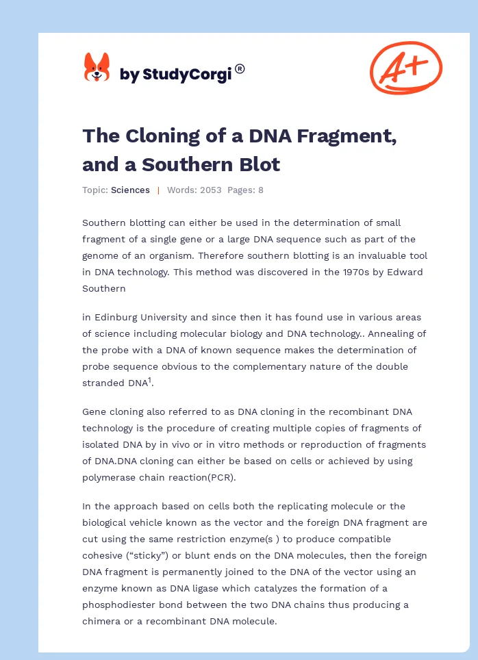 The Cloning of a DNA Fragment, and a Southern Blot. Page 1
