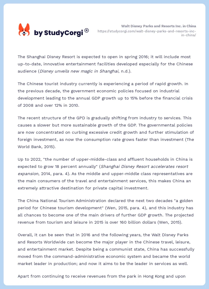 Walt Disney Parks and Resorts Inc. in China. Page 2