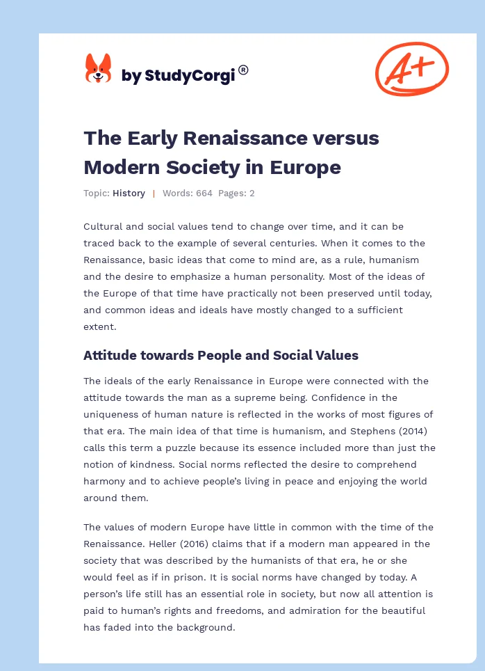 The Early Renaissance versus Modern Society in Europe. Page 1