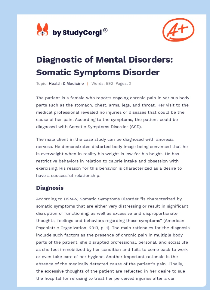 Diagnostic of Mental Disorders: Somatic Symptoms Disorder. Page 1