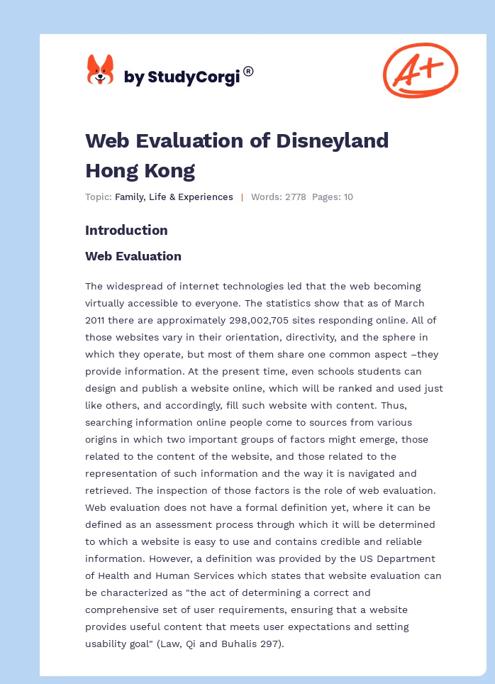 Web Evaluation of Disneyland Hong Kong. Page 1