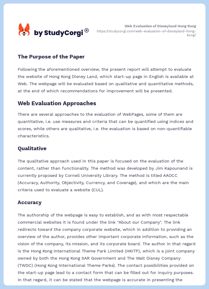 Web Evaluation of Disneyland Hong Kong. Page 2