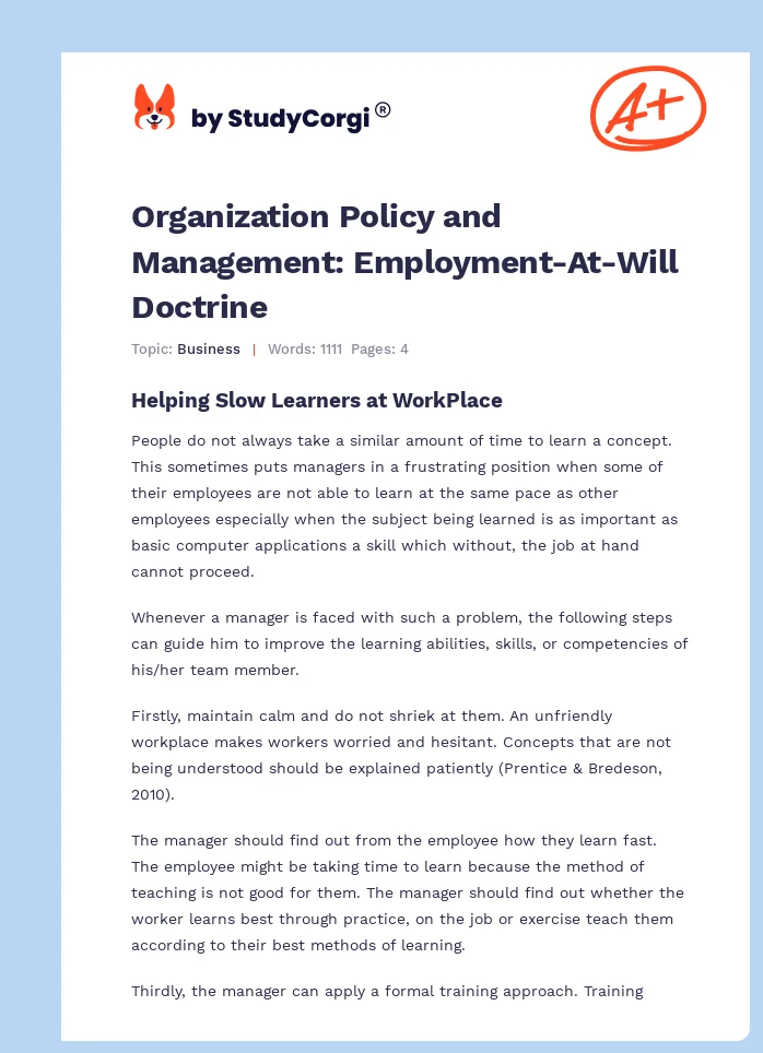 Organization Policy and Management: Employment-At-Will Doctrine. Page 1