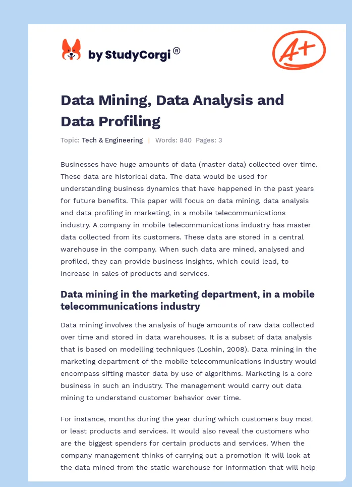 Data Mining, Data Analysis and Data Profiling. Page 1