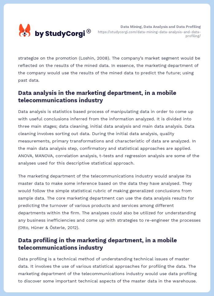 Data Mining, Data Analysis and Data Profiling. Page 2