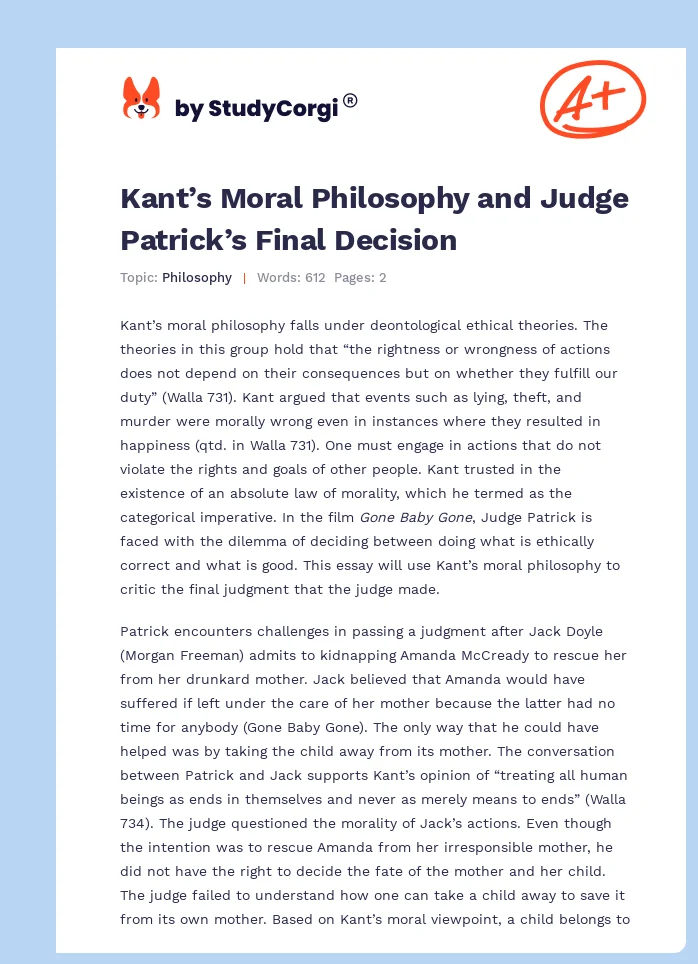 Kant’s Moral Philosophy and Judge Patrick’s Final Decision. Page 1