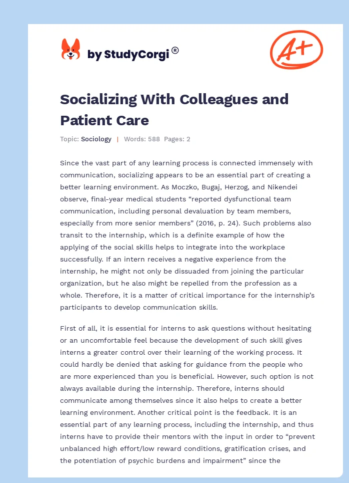 Socializing With Colleagues and Patient Care. Page 1