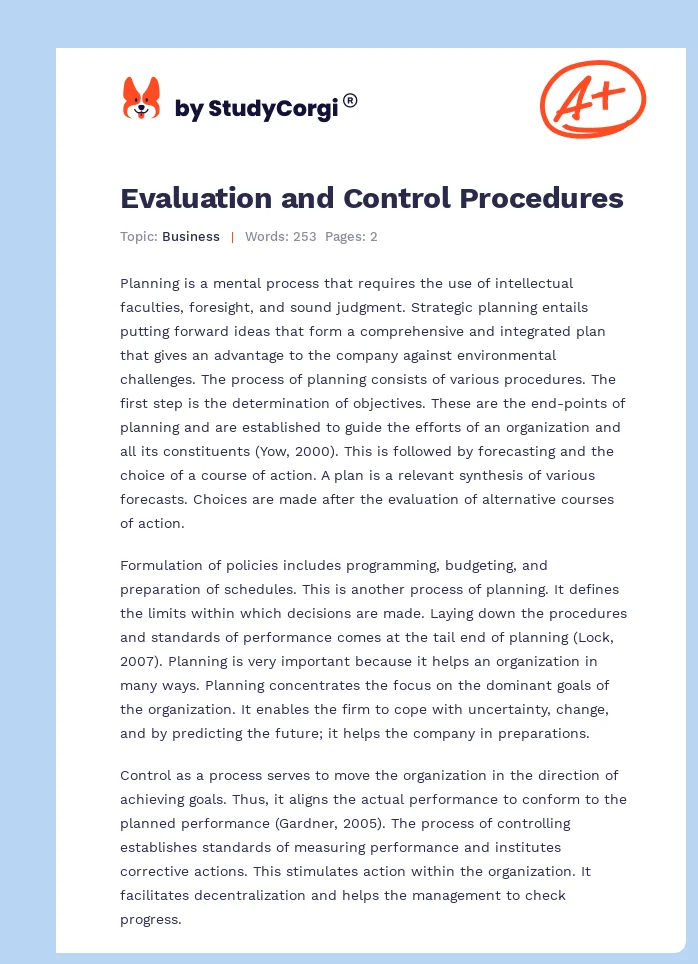 Evaluation and Control Procedures. Page 1
