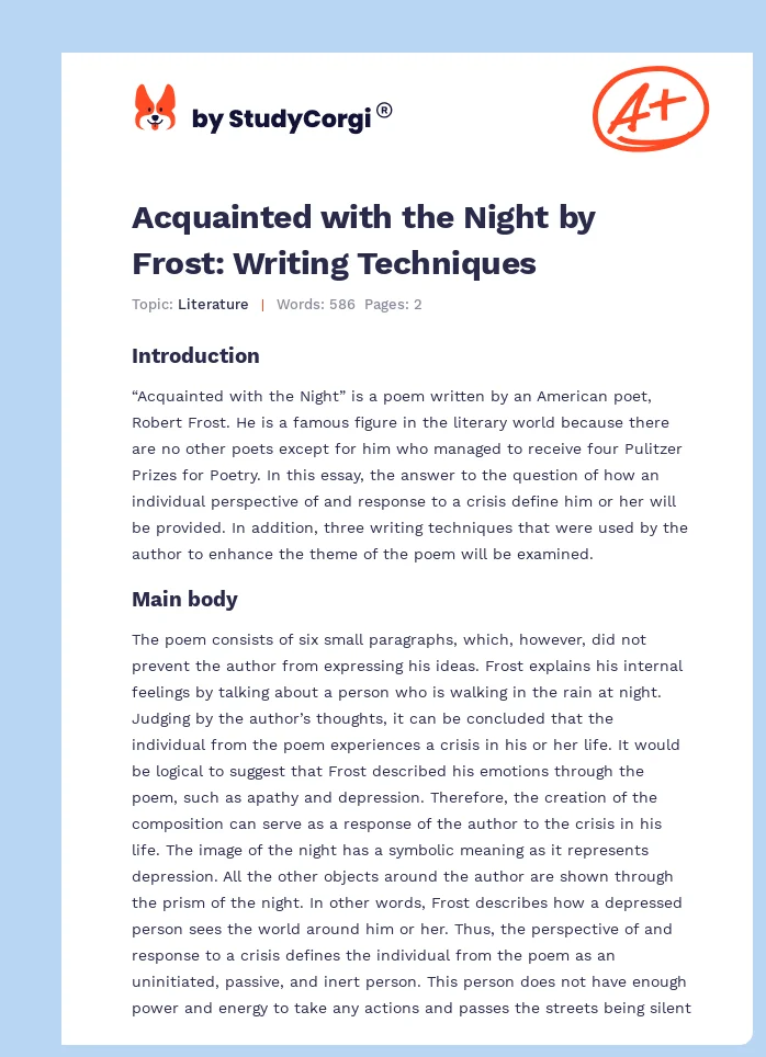 Acquainted with the Night by Frost: Writing Techniques. Page 1