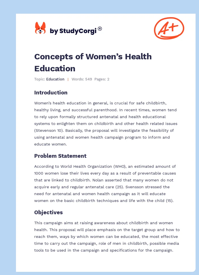 Concepts of Women’s Health Education. Page 1