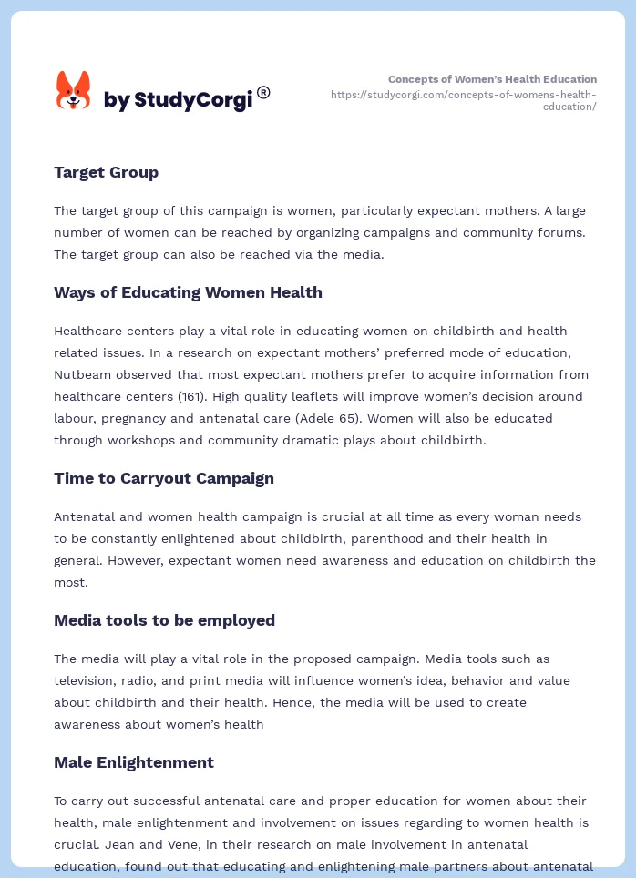 Concepts of Women’s Health Education. Page 2