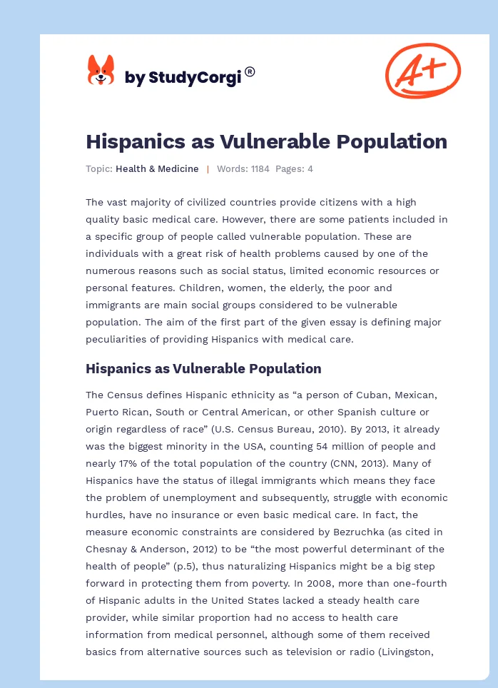 Hispanics as Vulnerable Population. Page 1