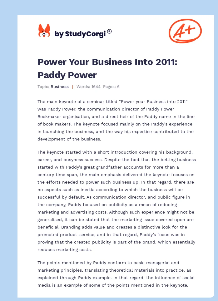 Power Your Business Into 2011: Paddy Power. Page 1