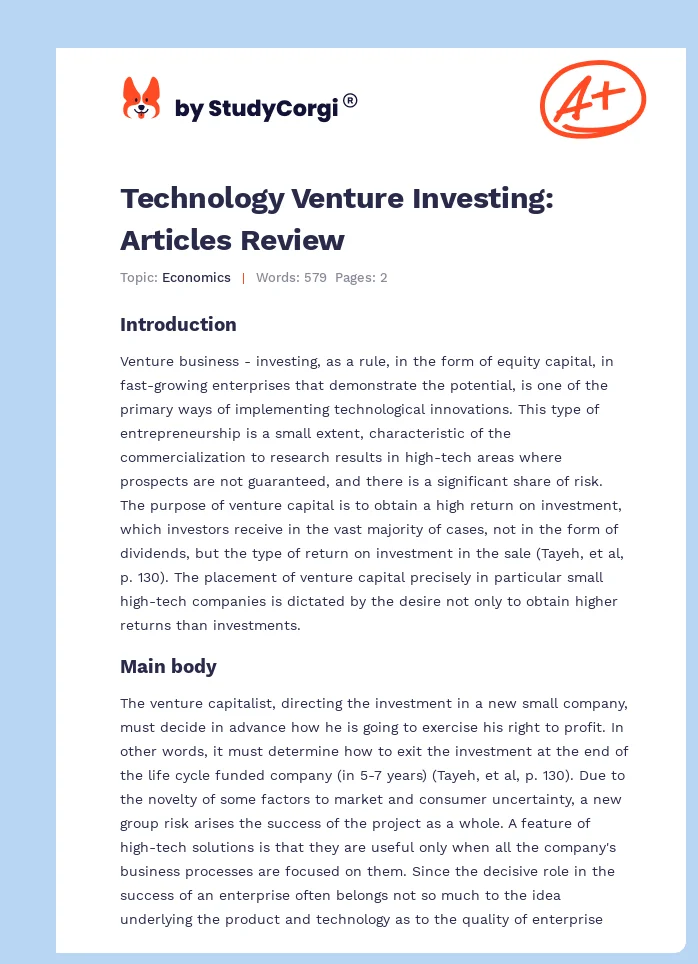 Technology Venture Investing: Articles Review. Page 1
