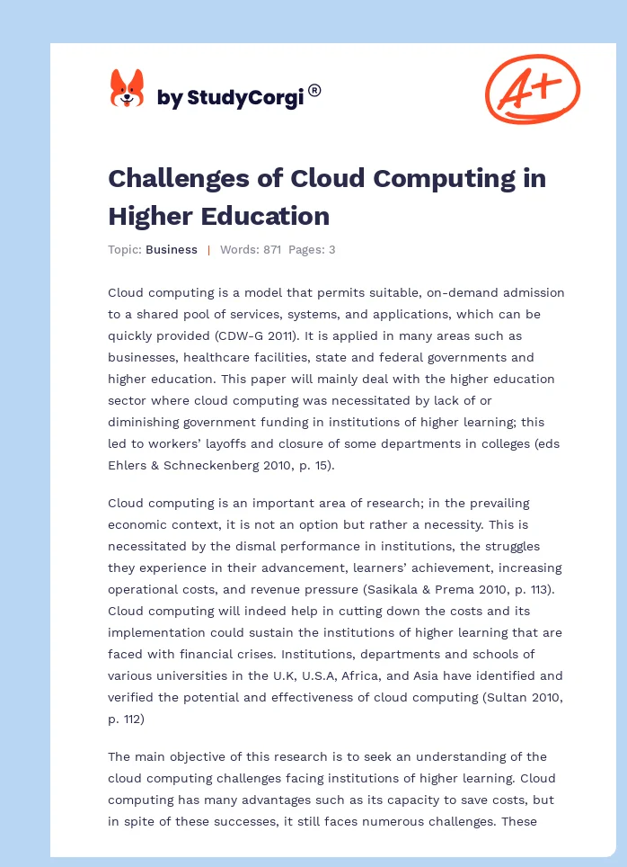 Challenges of Cloud Computing in Higher Education. Page 1