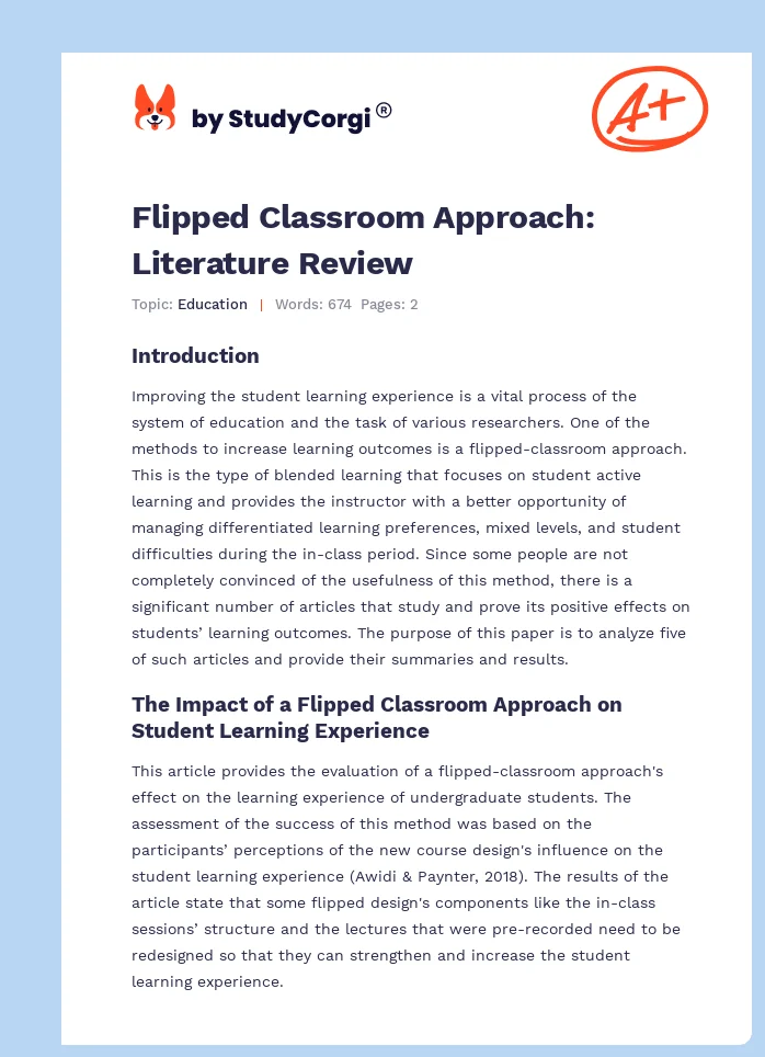 Flipped Classroom Approach: Literature Review. Page 1