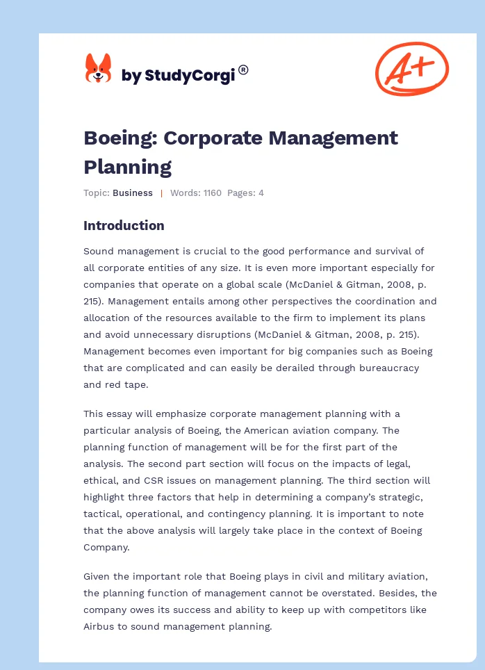Boeing: Corporate Management Planning. Page 1