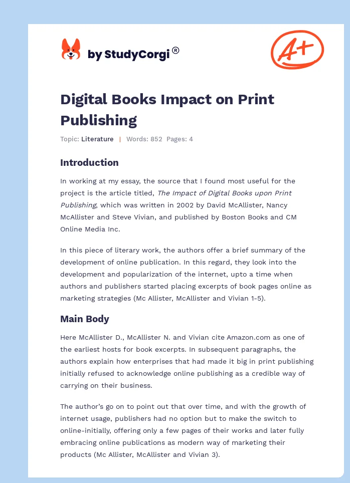 Digital Books Impact on Print Publishing. Page 1