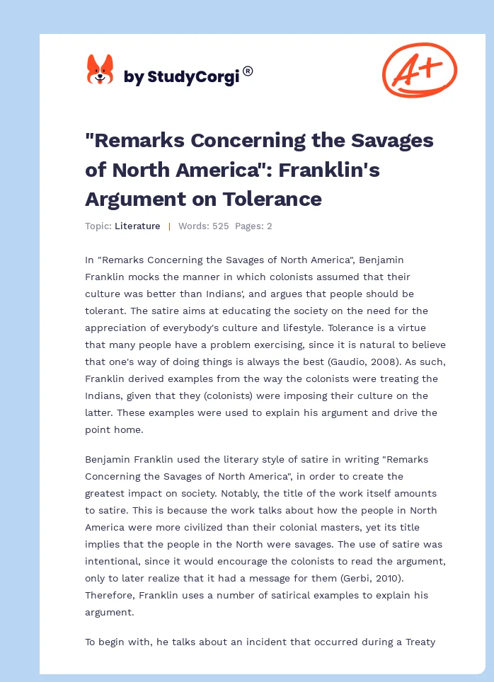 "Remarks Concerning the Savages of North America": Franklin's Argument on Tolerance. Page 1
