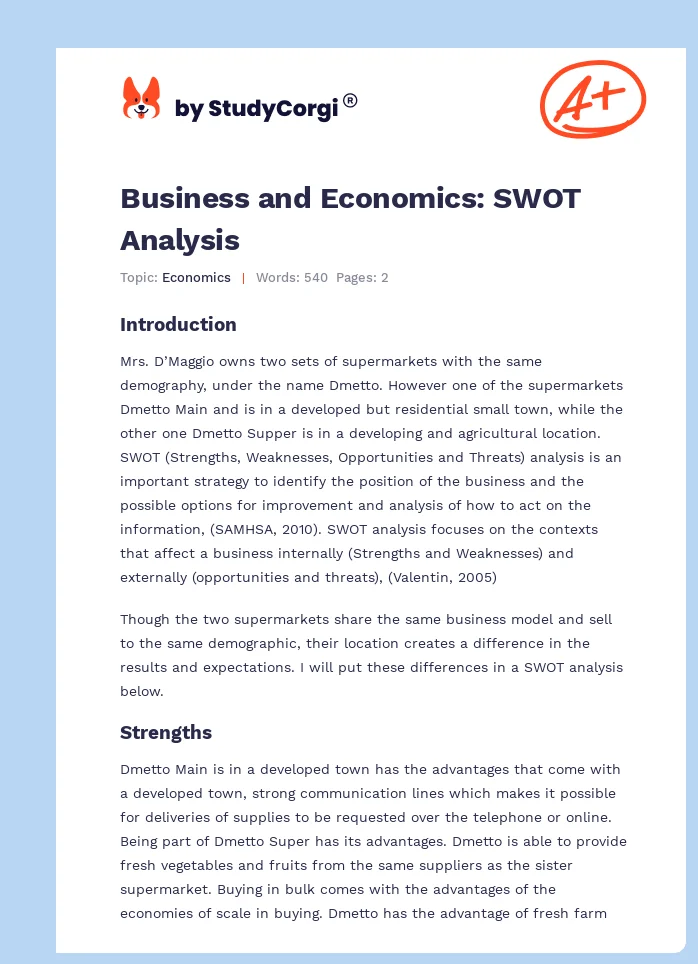 Business and Economics: SWOT Analysis. Page 1