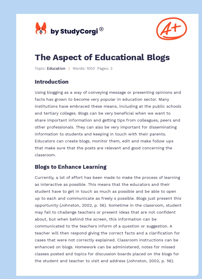 The Aspect of Educational Blogs. Page 1