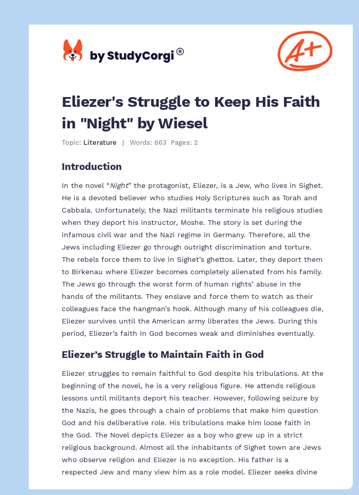 Eliezer's Struggle to Keep His Faith in "Night" by Wiesel. Page 1