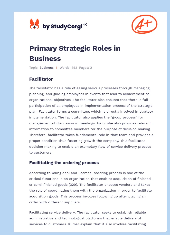 Primary Strategic Roles in Business. Page 1