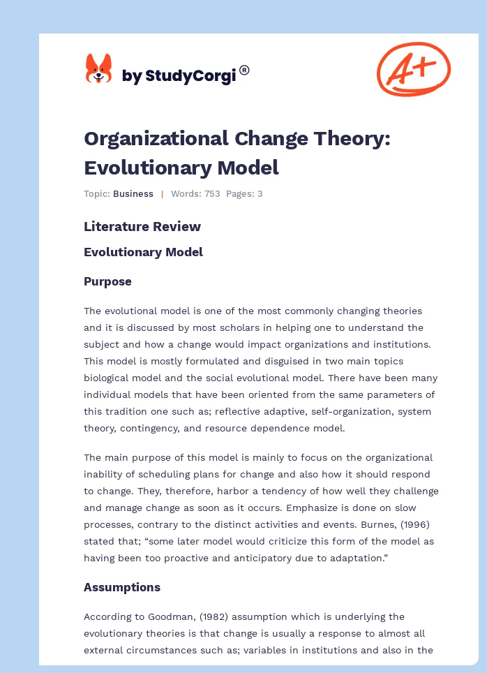 Organizational Change Theory: Evolutionary Model. Page 1